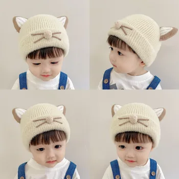 Топло бебе Beanie Kawaii карикатура котка ухо плетене на една кука капак за малко дете момче момиче сладък мода есен зима плюшени сгъсти топла шапка