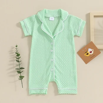 Унисекс бебе момче момиче гащеризон гащеризон пижама къс ръкав бутон надолу шорти Pjs лято спално облекло