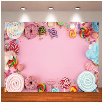 Фотография Фон Детски рожден ден Бебешки душ фон Сладък розов стена близалка бонбони поничка деца торта маса банер