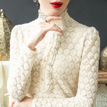 Френски стил къдри снаждане блуза дамско облекло есен зима елегантен половин висока яка тънък стилен дантела куха риза