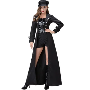 Хелоуин готически средновековни костюми за жени реколта косплей яке Steampunk дълга сцена изпълнение палта с къса шапка