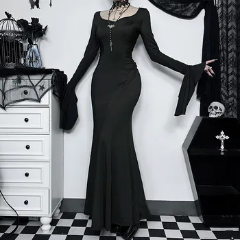 Хелоуин готически тъмно парти рокля жени естетически реколта елегантен нощен клуб дълъг ръкав висока талия тромпет рокля женски