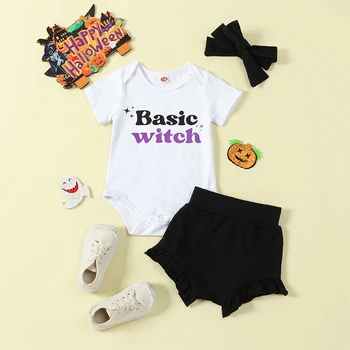 Хелоуин дрехи комплект за бебета момичета вещица къс ръкав писма печат гащеризон ластик шорти с лента за коса парти костюм