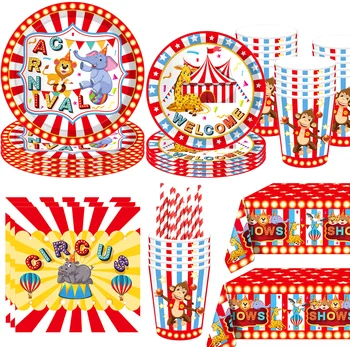 Цирк Карнавални парти консумативи за еднократна употреба Хартиени чинии Салфетки Чаши Раирани животни Парти Детски декорации за рожден ден