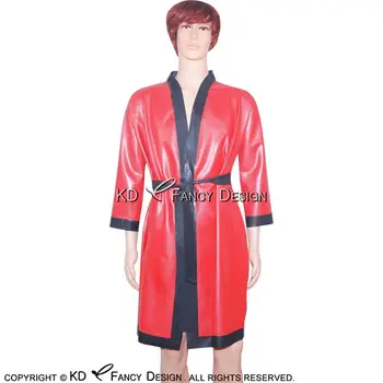Червен и черен секси латексов халат с колани гумено спално облекло яке топ рокля пижама YF-0005