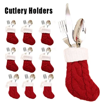 червен плетени коледни чорапи чорапи коледни прибори за хранене държач нож вилица капак чанти коледна украса за Navidad У дома