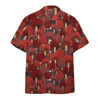червени фенери мъжки ризи хлабав случайни къси ръкави риза модерен момче улица мода тениски хавайски риза реколта мъжки дрехи