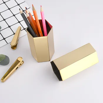 Шестоъгълен държач за писалка Неръждаема стомана метален настолен орнамент Nordic канцеларски писалка вмъкване златна ваза грим четка кутия за съхранение